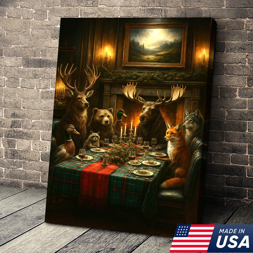 Rustic Wildlife Dinner Scene Wall Art Canvas – Forest Animal Gathering Decor