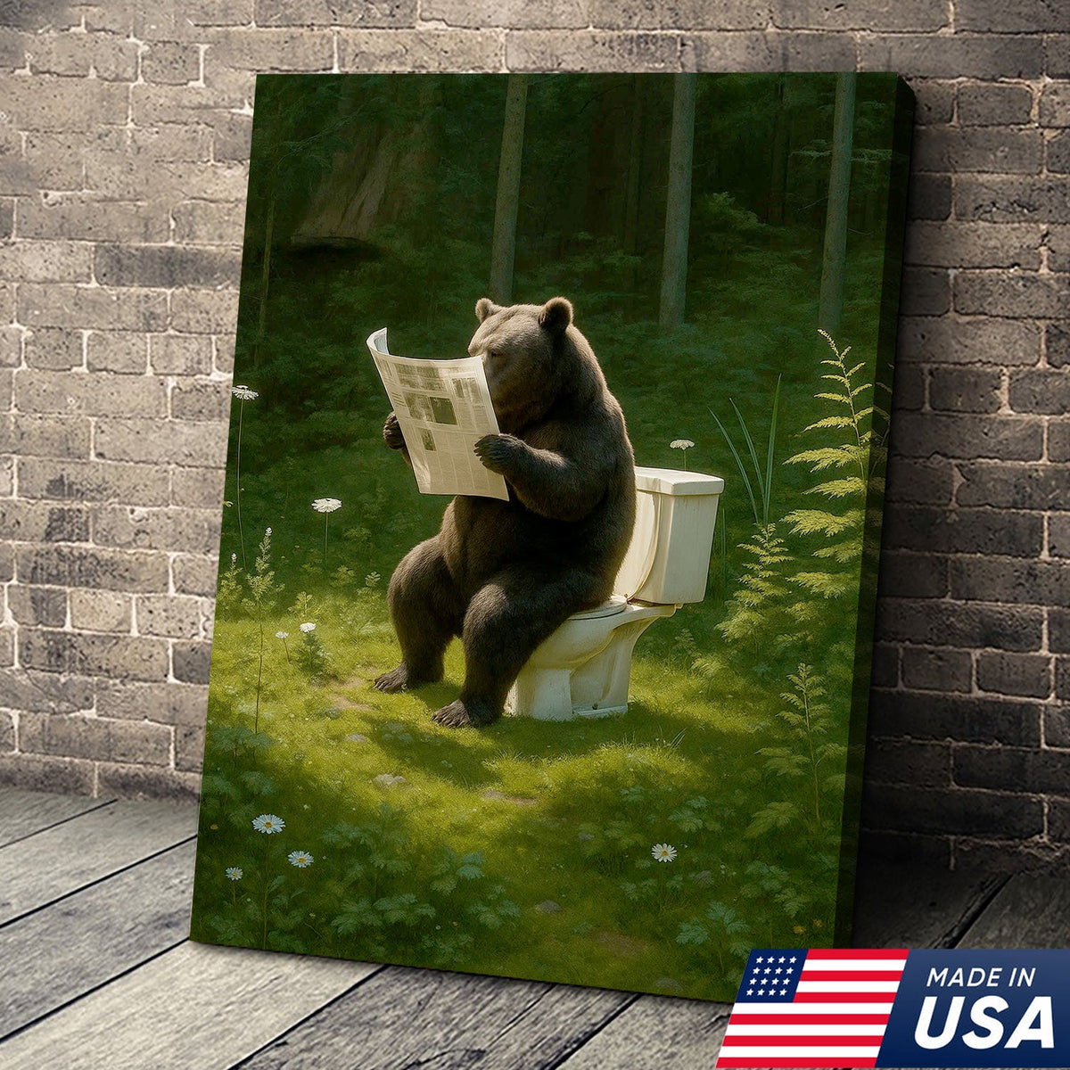 Bear on Toilet Reading Newspaper Canvas Wall Art, Funny Bathroom Decor for Cabin & Lodge