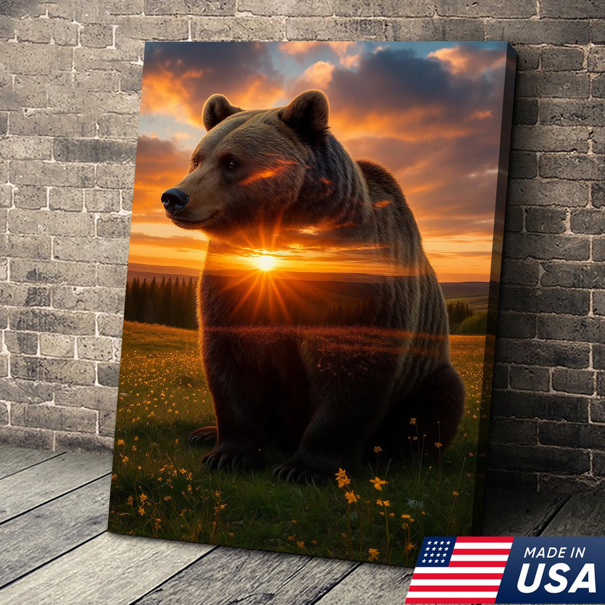 Sunset Bear Canvas Wall Art, Majestic Brown Bear Nature Landscape Print