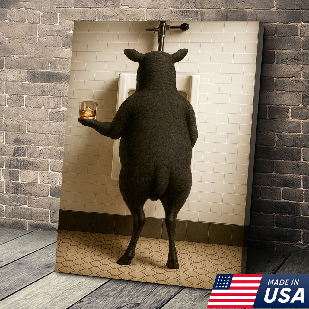 Funny Black Sheep Bathroom Wall Art, Drinking Sheep Humor Canvas Print