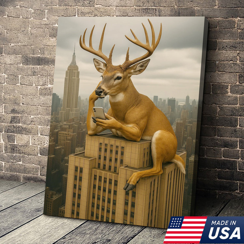 Funny Deer City Canvas Wall Art — Whitetail Buck on Skyscraper Using Phone, Surreal Urban Wildlife Artwork