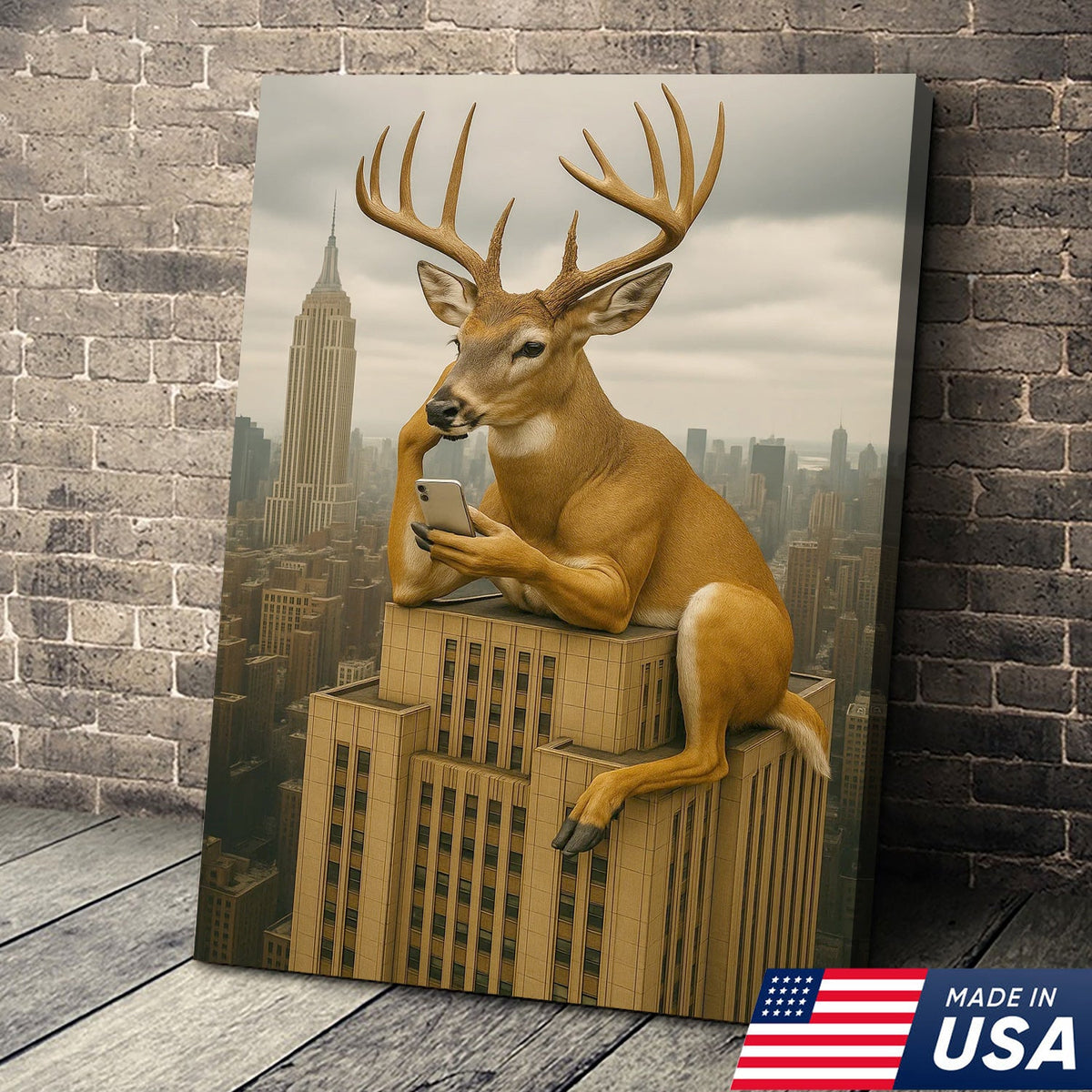 Funny Deer City Canvas Wall Art — Whitetail Buck on Skyscraper Using Phone, Surreal Urban Wildlife Artwork