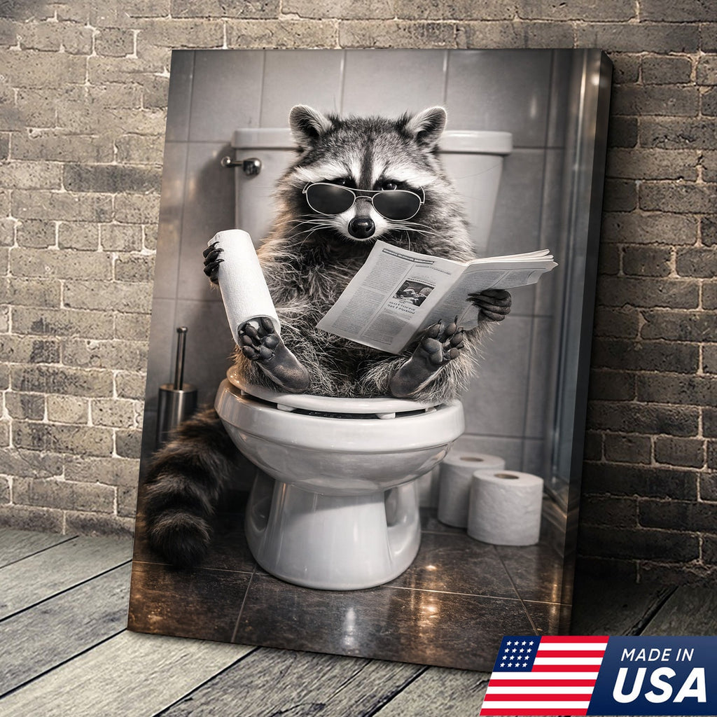 Raccoon Bathroom Humor Canvas – Funny Toilet Reading Wall Art for Restroom Decor