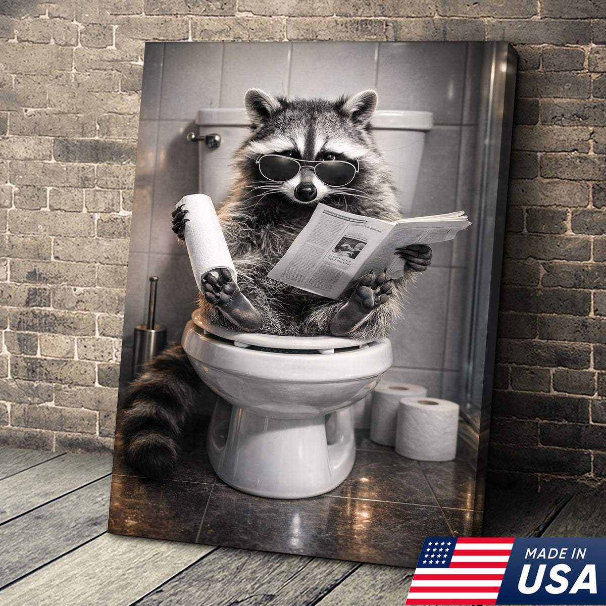 Raccoon Bathroom Humor Canvas – Funny Toilet Reading Wall Art for Restroom Decor
