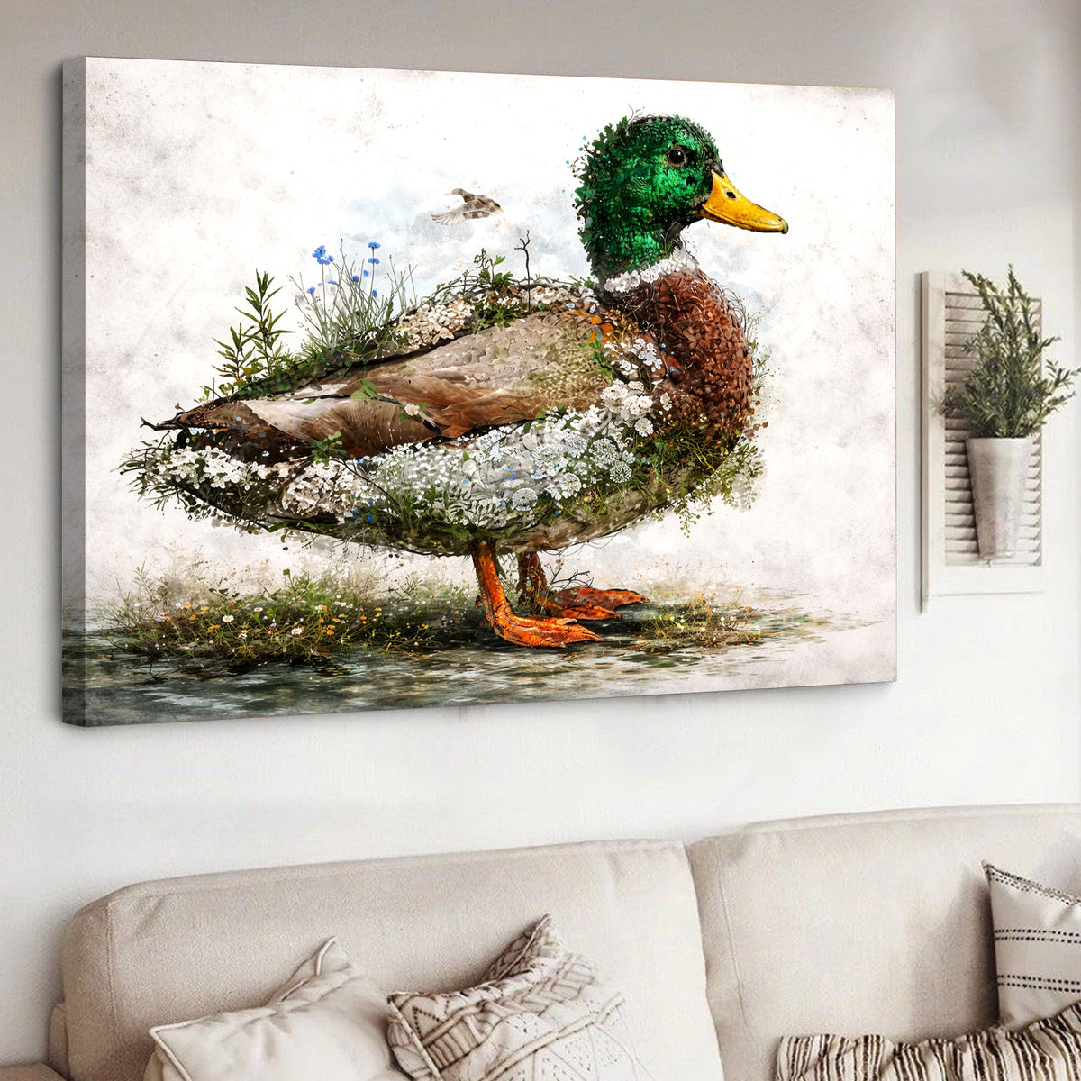 Mallard Duck Floral Nature Canvas Wall Art, Artistic Wildlife Bird Illustration