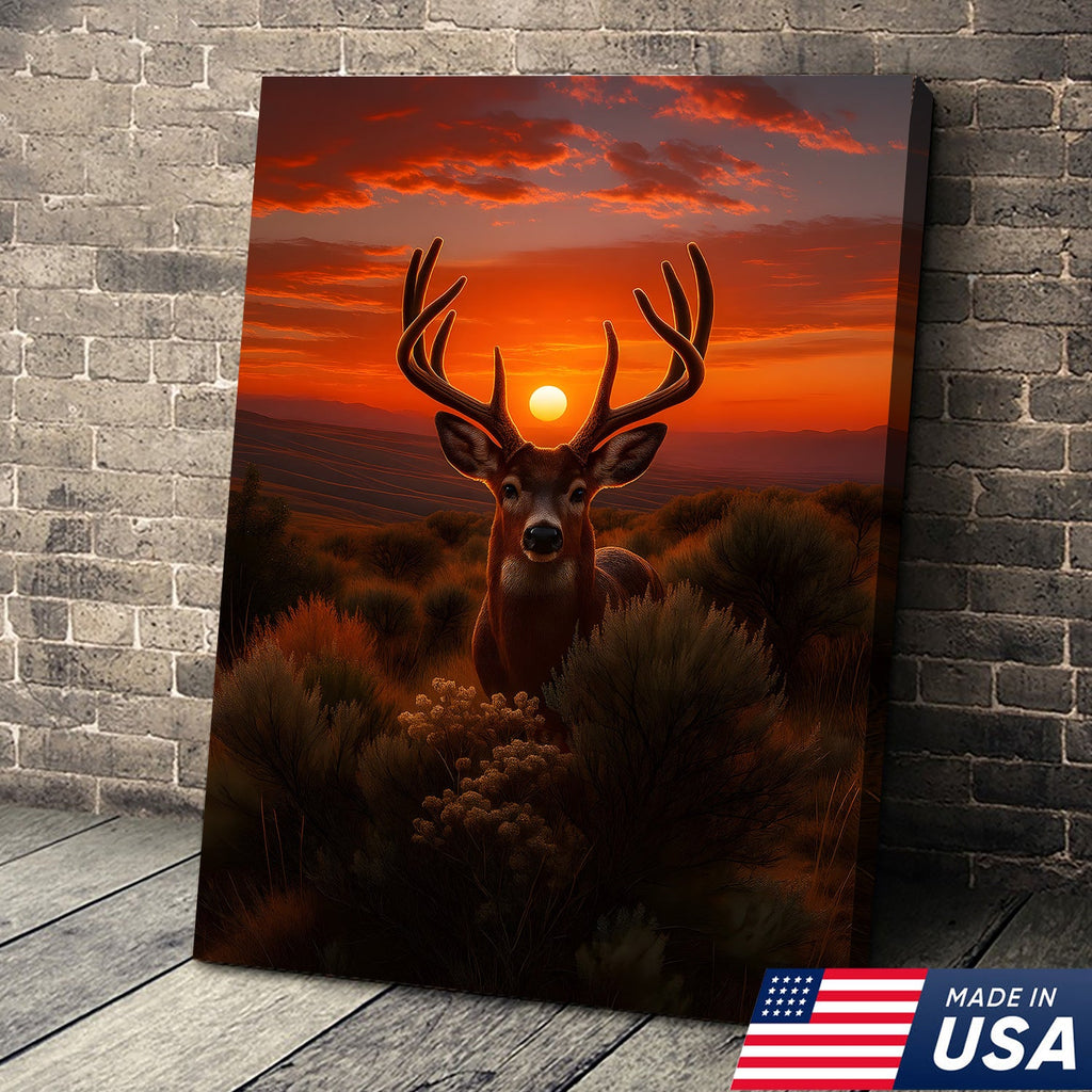 Deer Sunset Canvas Wall Art, Majestic Buck Silhouette in Orange Sky