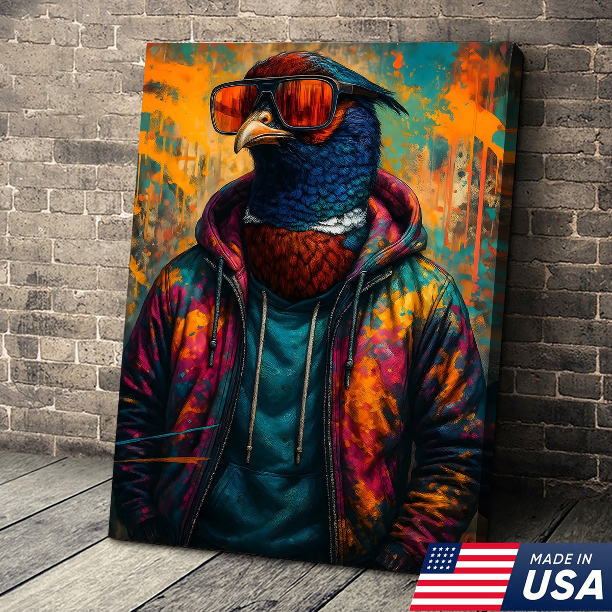 Cool Pheasant Wall Art – Hipster Bird in Hoodie Canvas Print, Urban Street Style Home Decor Gift