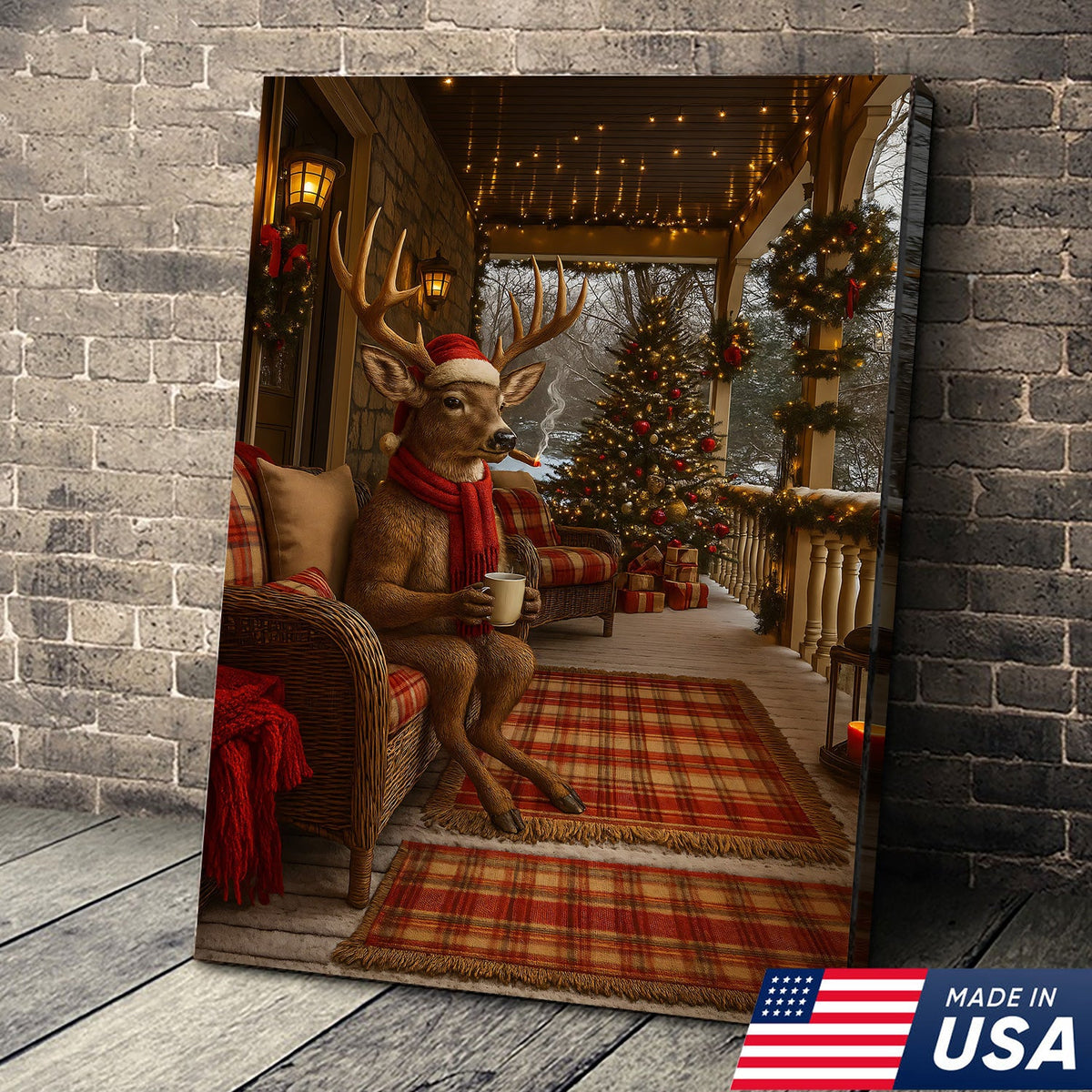 Christmas Deer Porch Canvas Wall Art, Cozy Cabin Reindeer With Scarf Holiday Print