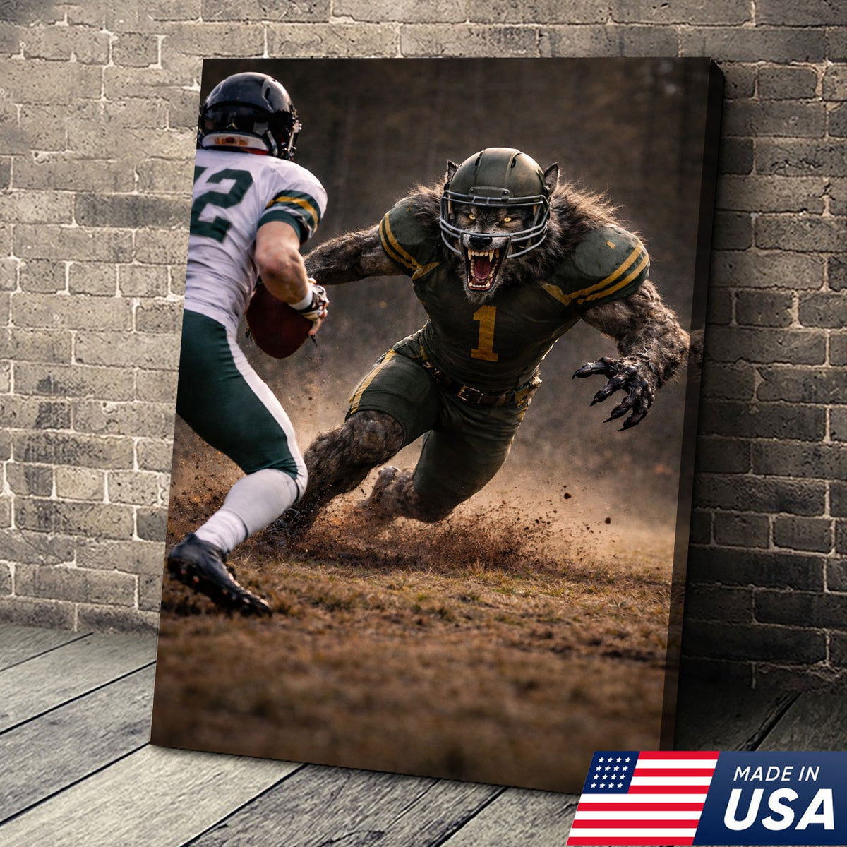 Fierce Wolf Football Canvas Wall Art – Intense Stadium Tackle Sports Print
