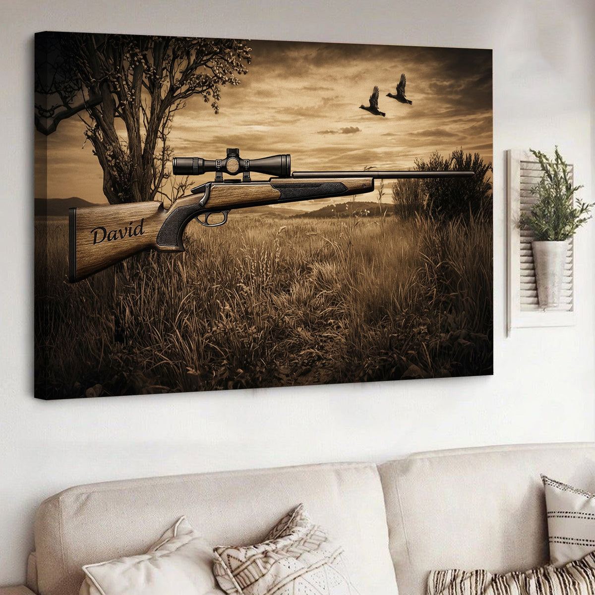 Personalized Hunting Rifle Canvas Wall Art, Custom Name Engraved Gun Artwork
