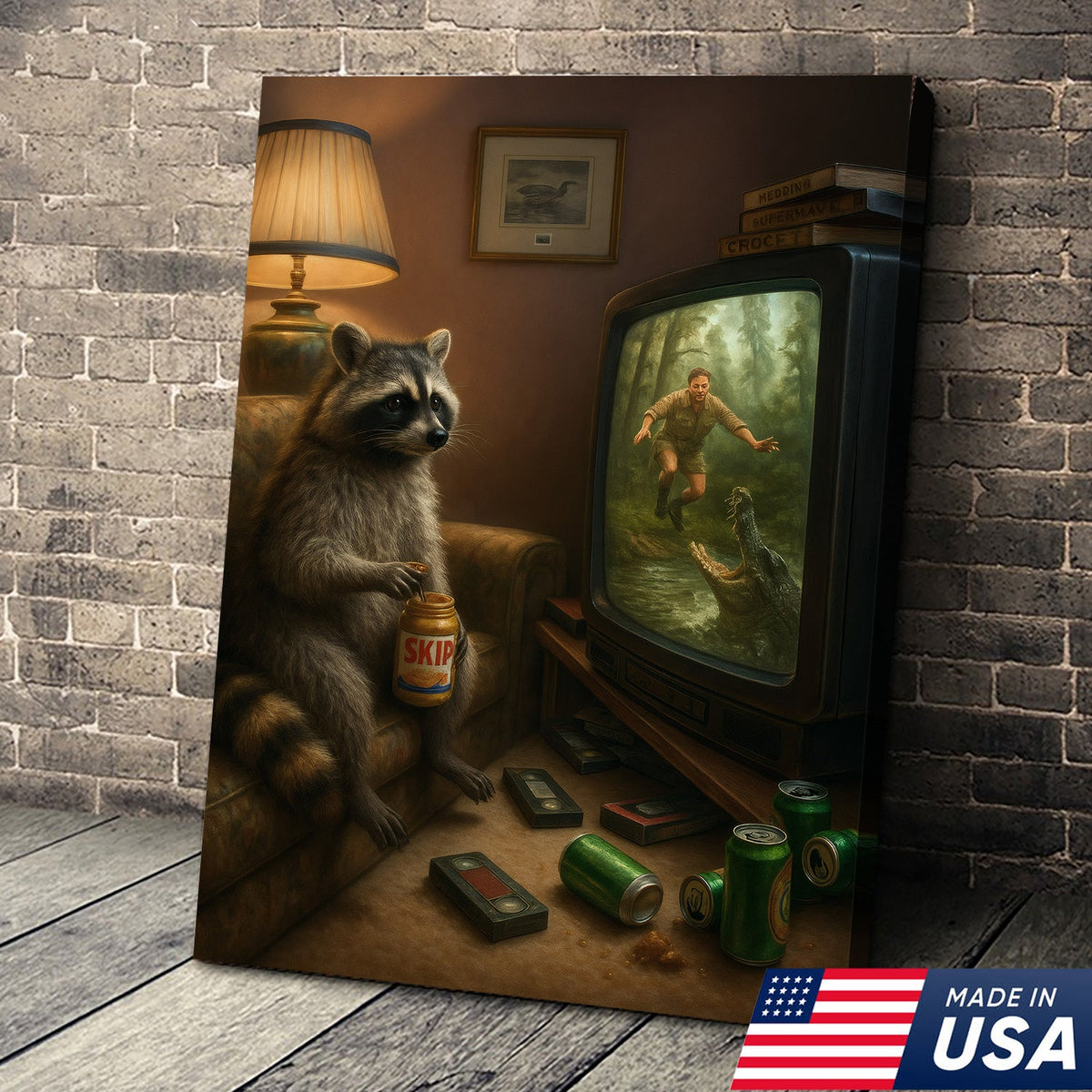 Funny Raccoon Watching TV Wall Art – Lazy Animal Painting, Wildlife Humor Canvas