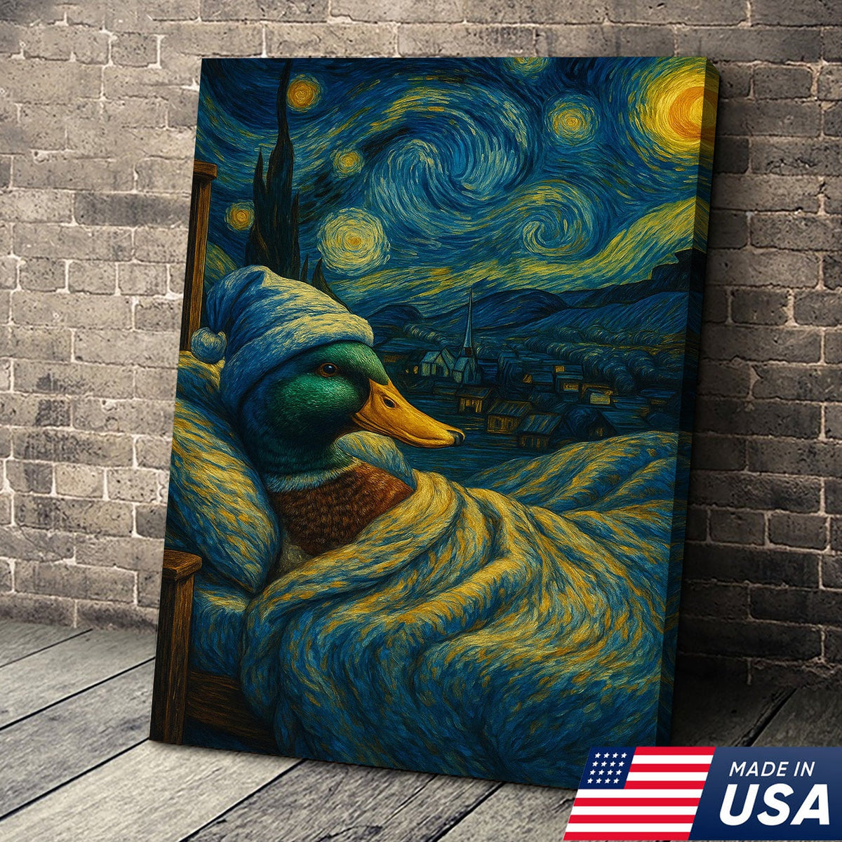 Starry Night Duck Canvas – Funny Van Gogh Parody with Cozy Duck in Bed