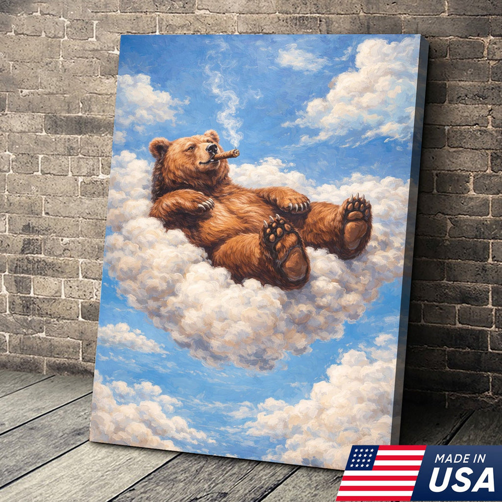 Relaxed Bear on Cloud Canvas Wall Art, Whimsical Animal Fantasy Illustration