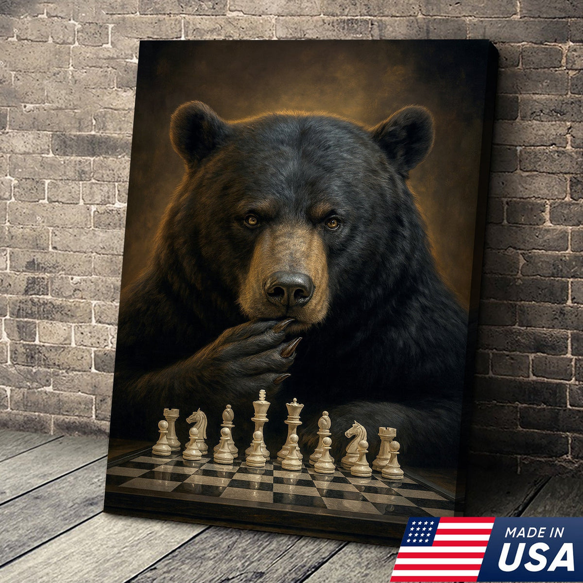 Chess Master Bear Wall Art Canvas – Strategic Bear Canvas Print for Man Cave & Smart Decor