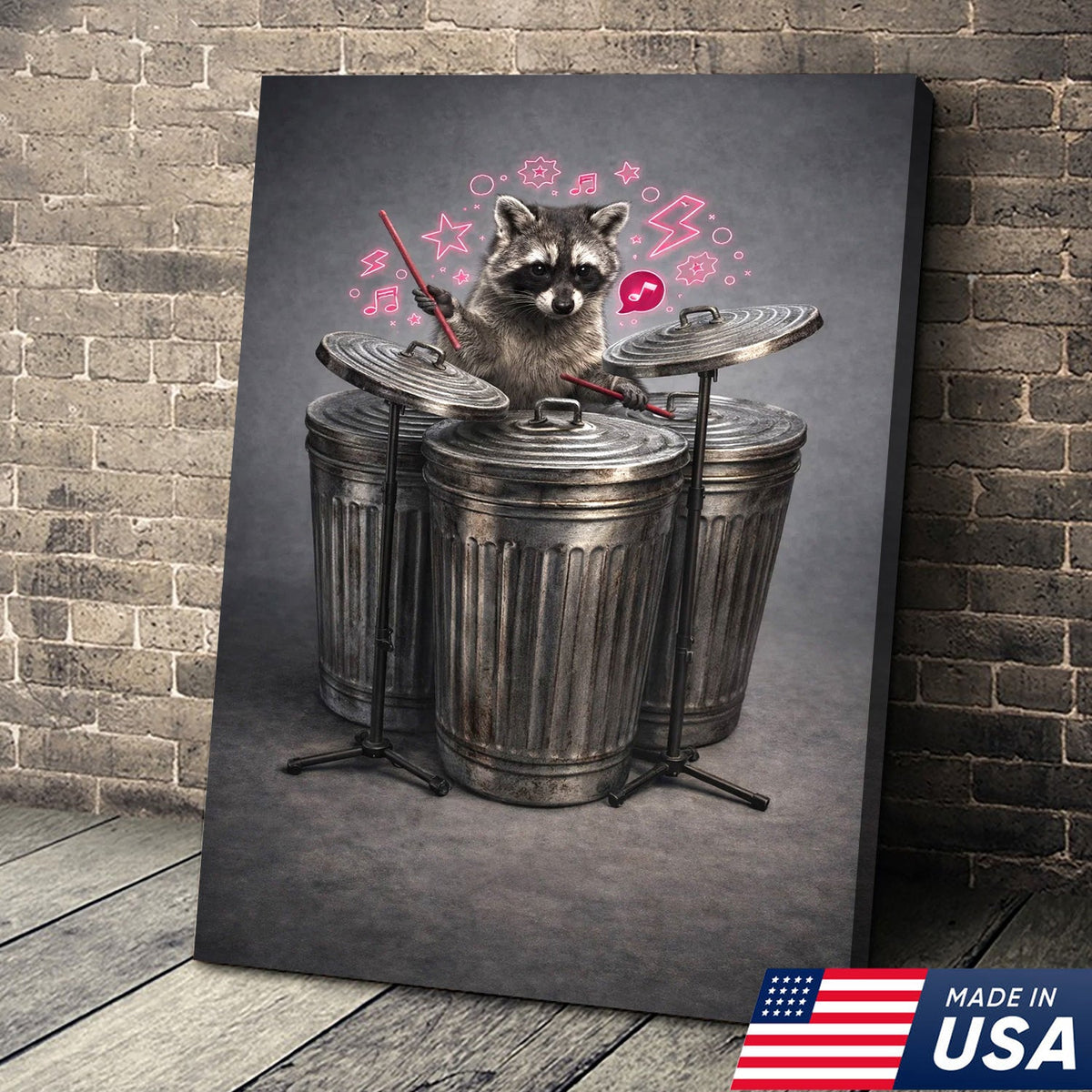 Funny Drummer Raccoon Wall Art Canvas Print, Music Lover Animal Illustration