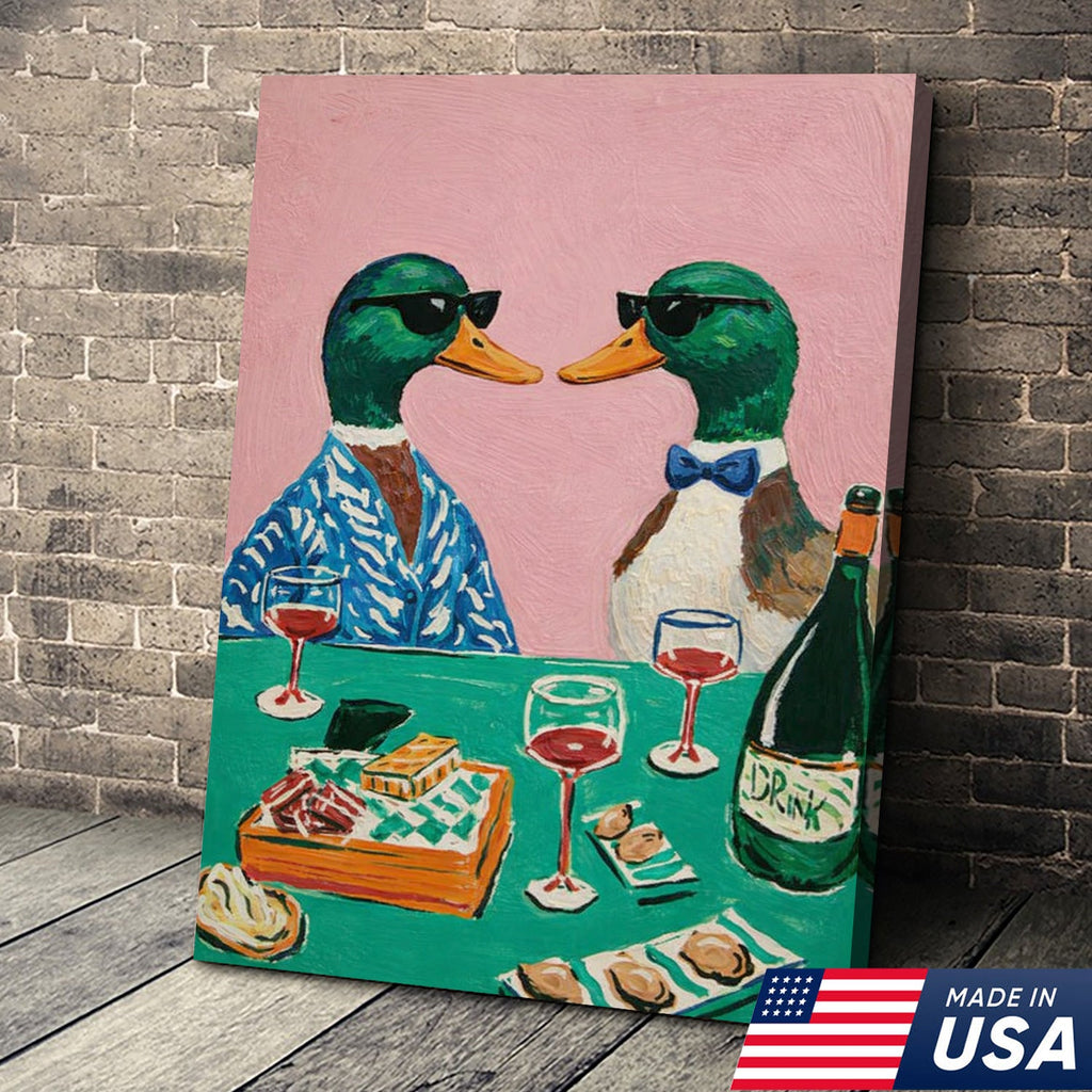 Funny Duck Canvas Wall Art – Classy Ducks Drinking Wine Painting