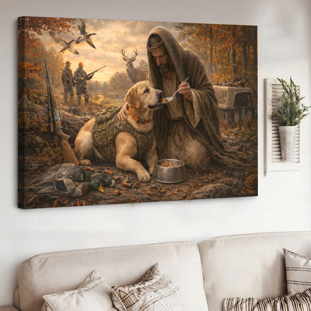 Jesus Hunting Dog Canvas, Christian Hunter Wall Art, Faith Outdoor Decor