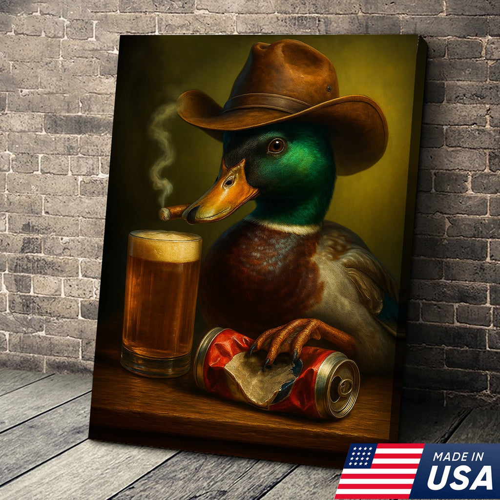 Duck Cowboy Canvas Wall Art – Funny Rustic Beer Decor for Waterfowl Hunters & Cabins