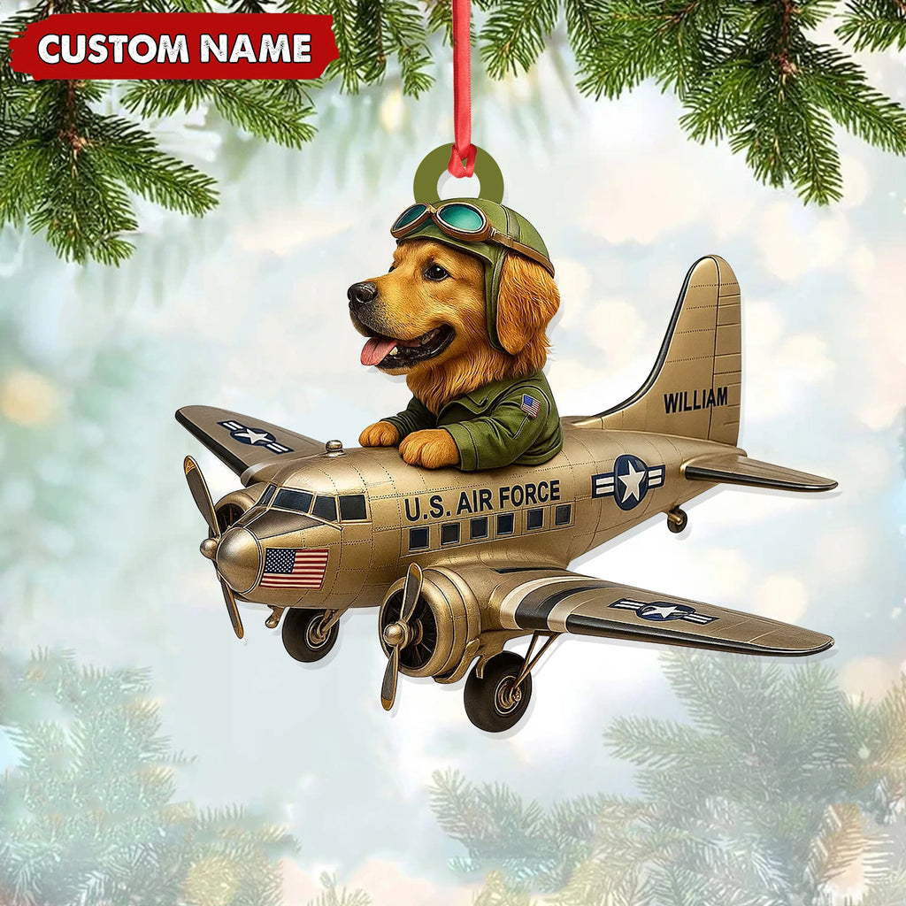 Personalized Dog Pilot Christmas Ornament, Custom Name U.S. Air Force Airplane, Military Dog Lover Tree Decor Gift