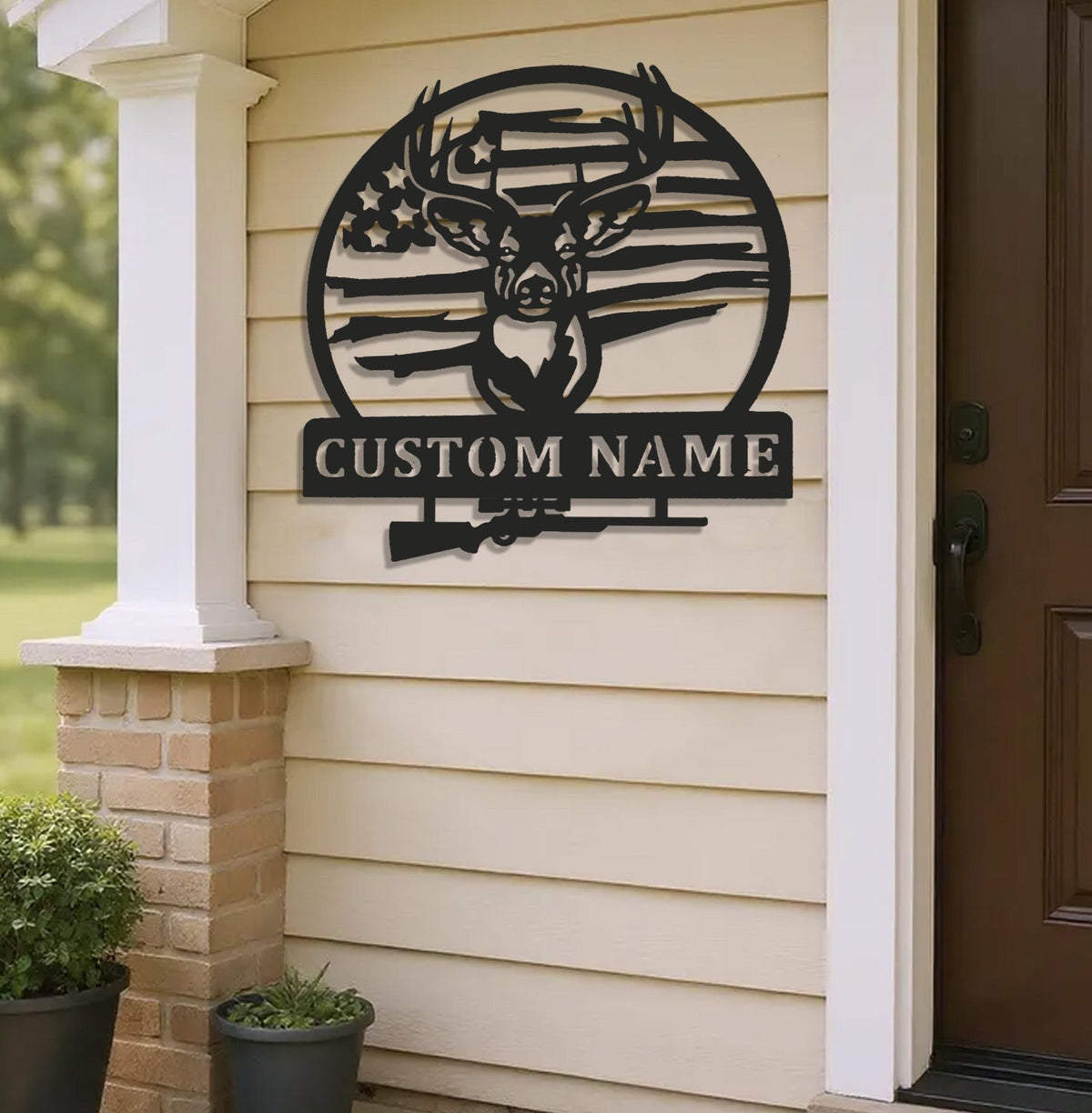 Personalized Deer Hunting Metal Sign WITH LED/WITHOUT LED, Rustic Buck Wall Art with American Flag