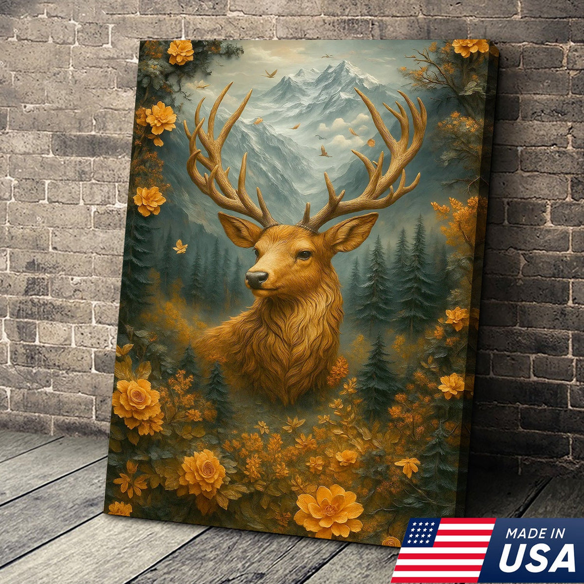 Floral Mountain Stag Canvas Wall Art, Woodland Deer with Antlers, Rustic Cabin Nature Decor