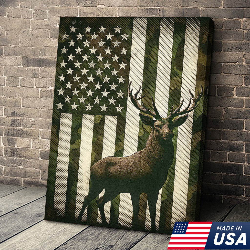 Patriotic Deer American Flag Canvas Wall Art, Camo USA Flag Buck Print