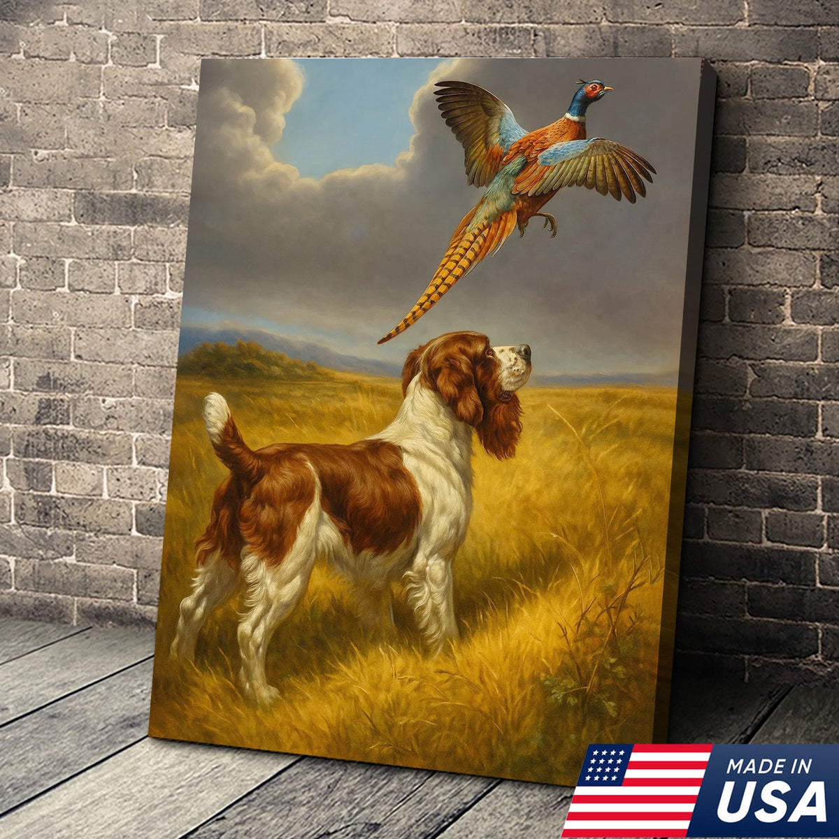 Hunting Dog and Pheasant Canvas Wall Art – Rustic Wildlife Scene – Lodge and Cabin Decor