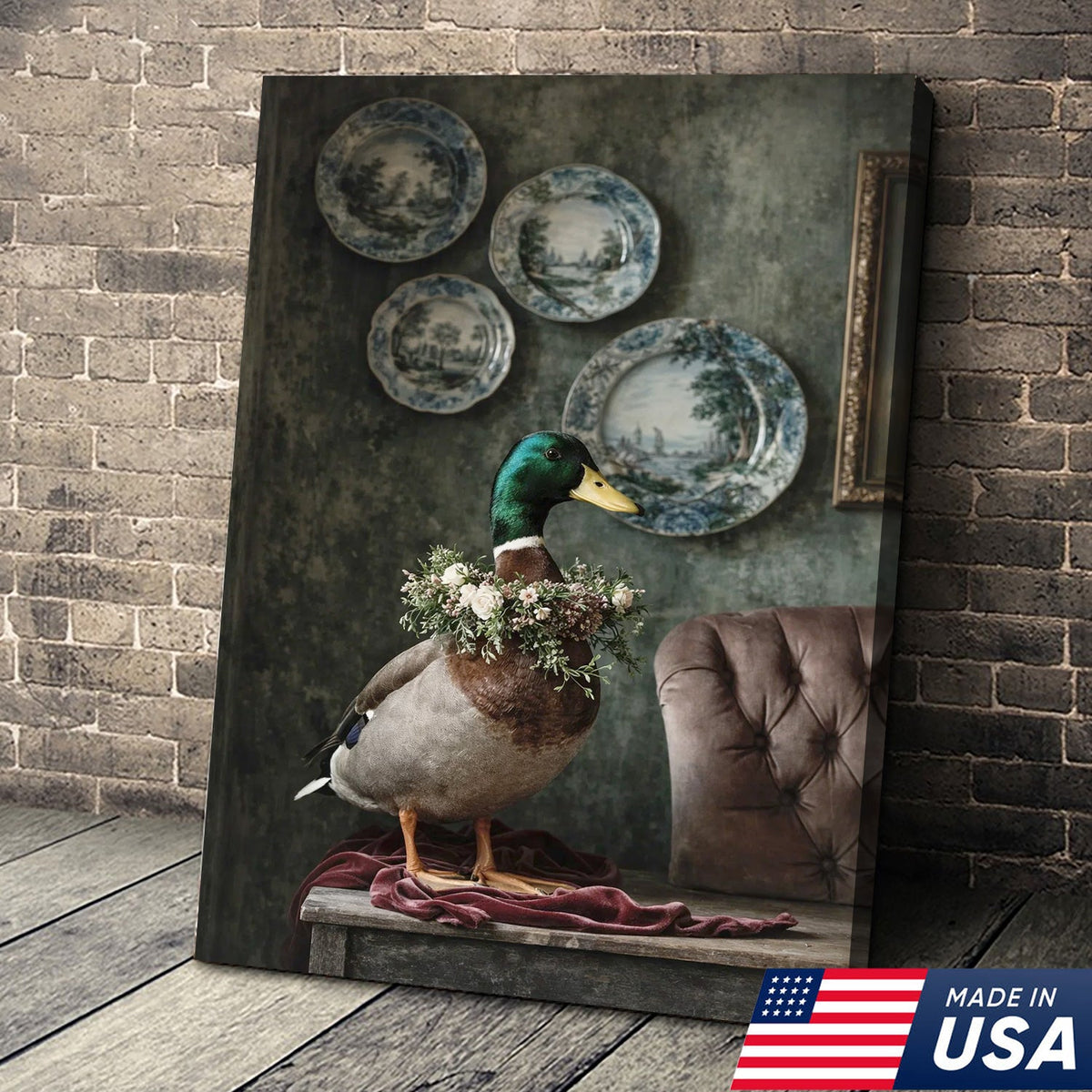 Vintage Duck Portrait Canvas Wall Art, Elegant Mallard with Floral Collar