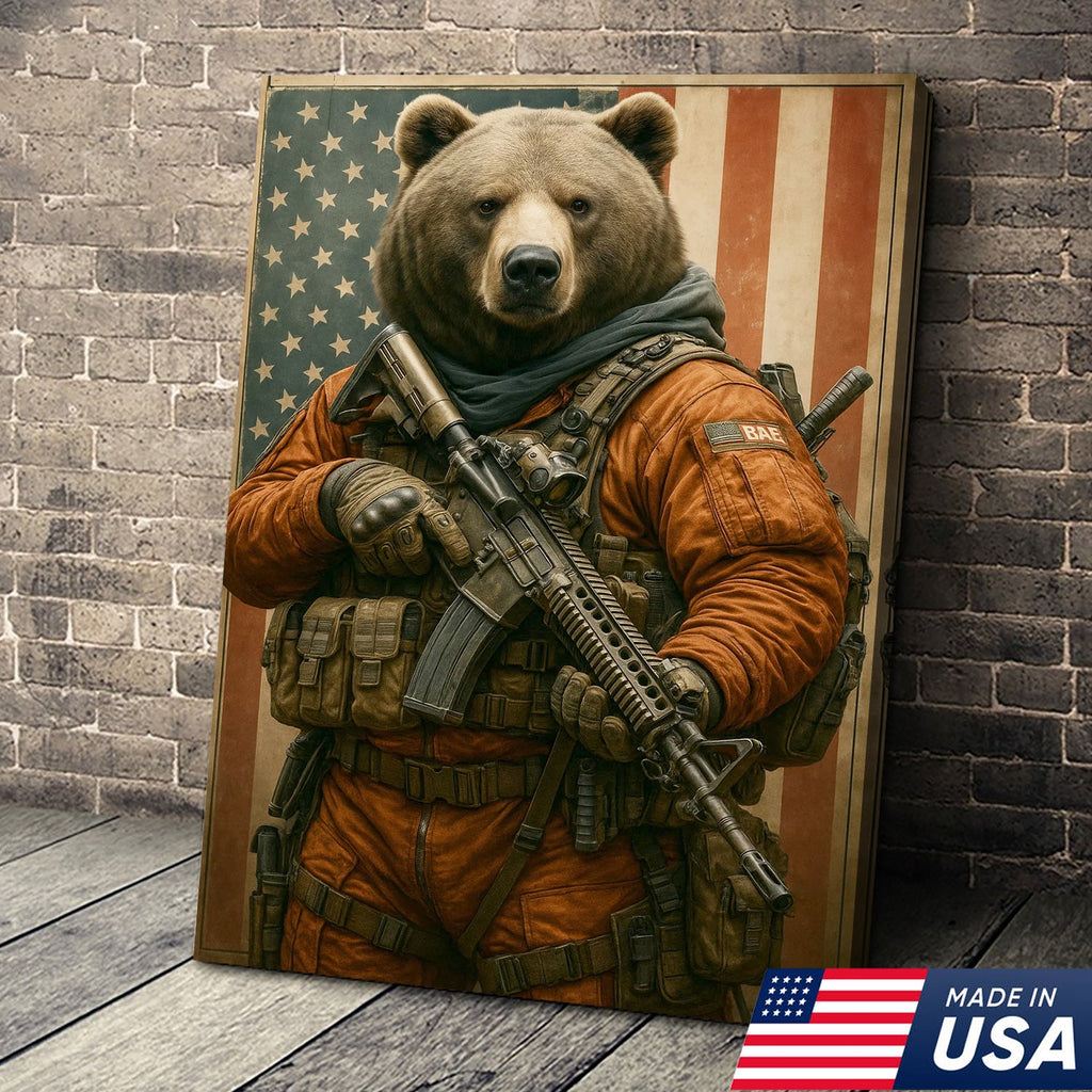 Patriotic Bear Soldier Wall Art Canvas, Tactical Military Animal with American Flag