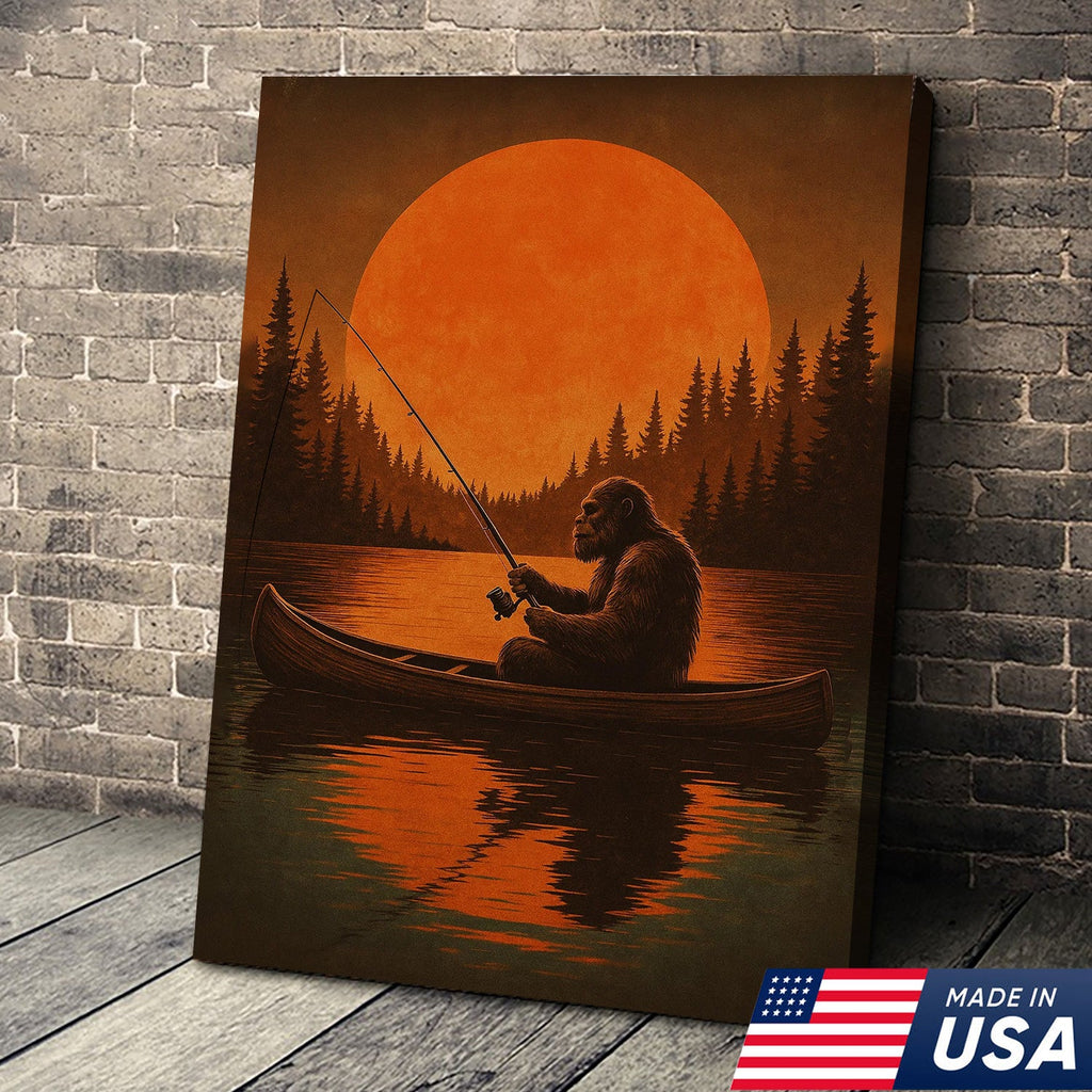 Funny Bigfoot Fishing Wall Art – Sasquatch Canoe Sunset Canvas for Anglers, Hunters