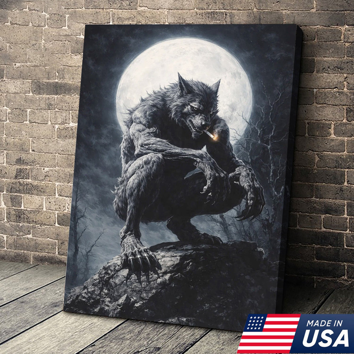 Dark Werewolf Moon Canvas Wall Art, Gothic Fantasy Wolf Illustration