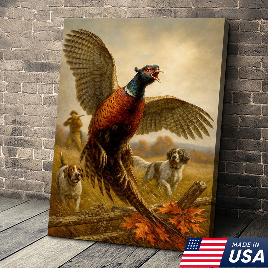 Pheasant Hunting Canvas – Flushing Bird with Pointing Dogs, Cabin & Man Cave Wall Art