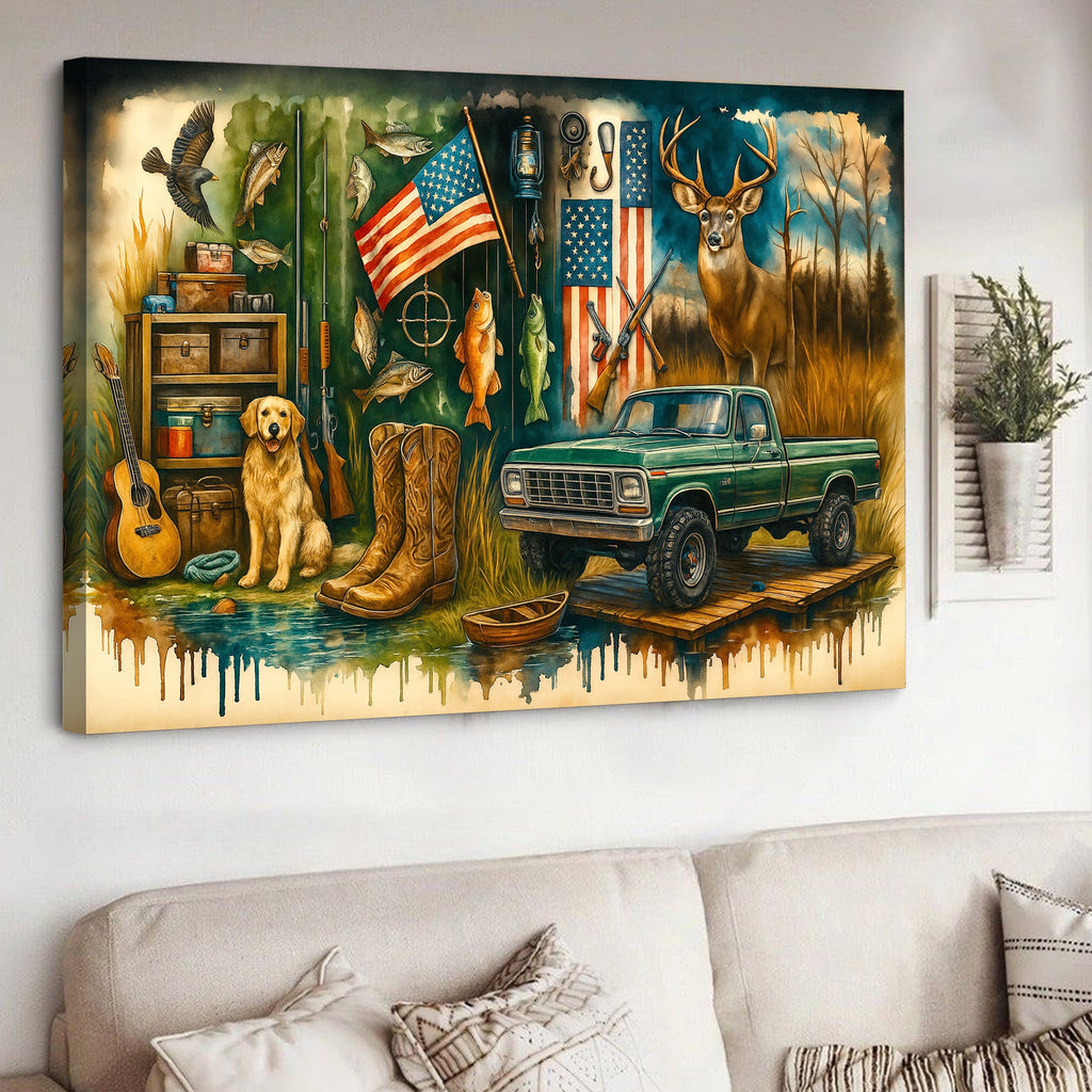 Country Boy Canvas Wall Art, Rustic Hunting and Fishing Scene with Truck, Dog, Deer, and American Flag