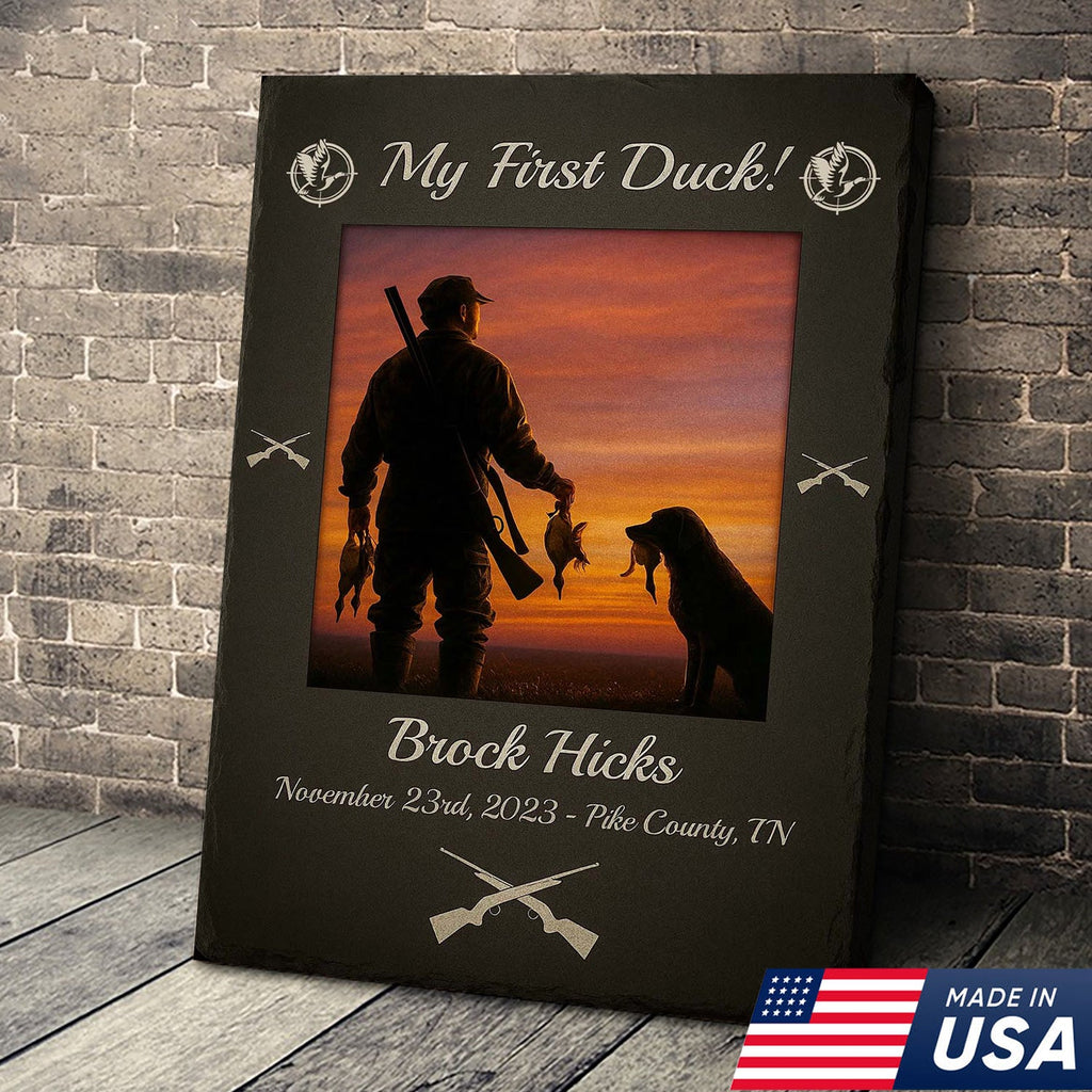Custom My First Duck Wall Art Canvas, Personalized Duck Hunting Sunset with Dog