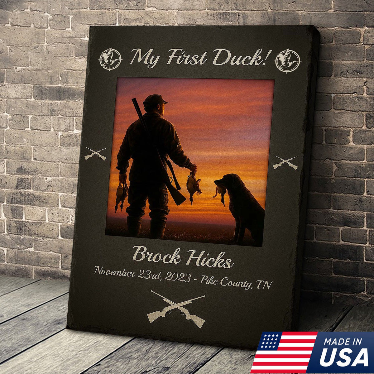 Custom My First Duck Wall Art Canvas, Personalized Duck Hunting Sunset with Dog