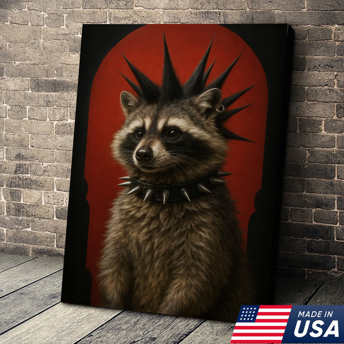 Punk Raccoon Canvas Wall Art, Spiked Mohawk Animal Portrait, Gothic Aesthetic Room Decor