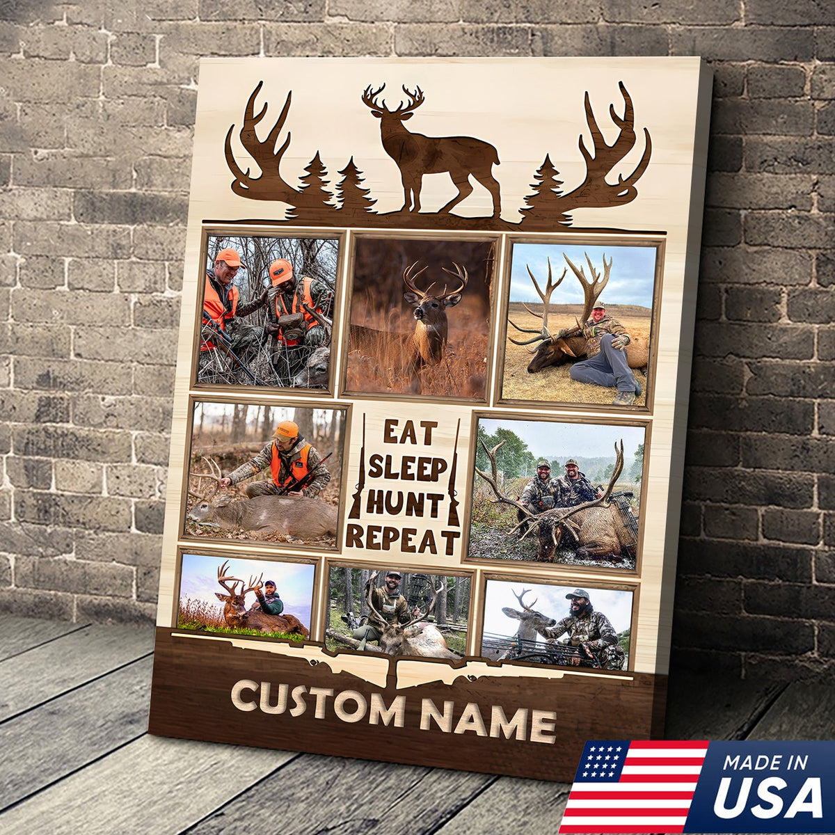 Personalized Hunting Photo Collage Canvas, Deer Antler Wall Art, Custom Hunter Gift