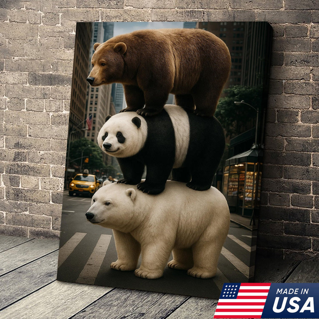 Bear Stack Canvas Wall Art, Cute Polar Panda Brown Bear in City Street Print