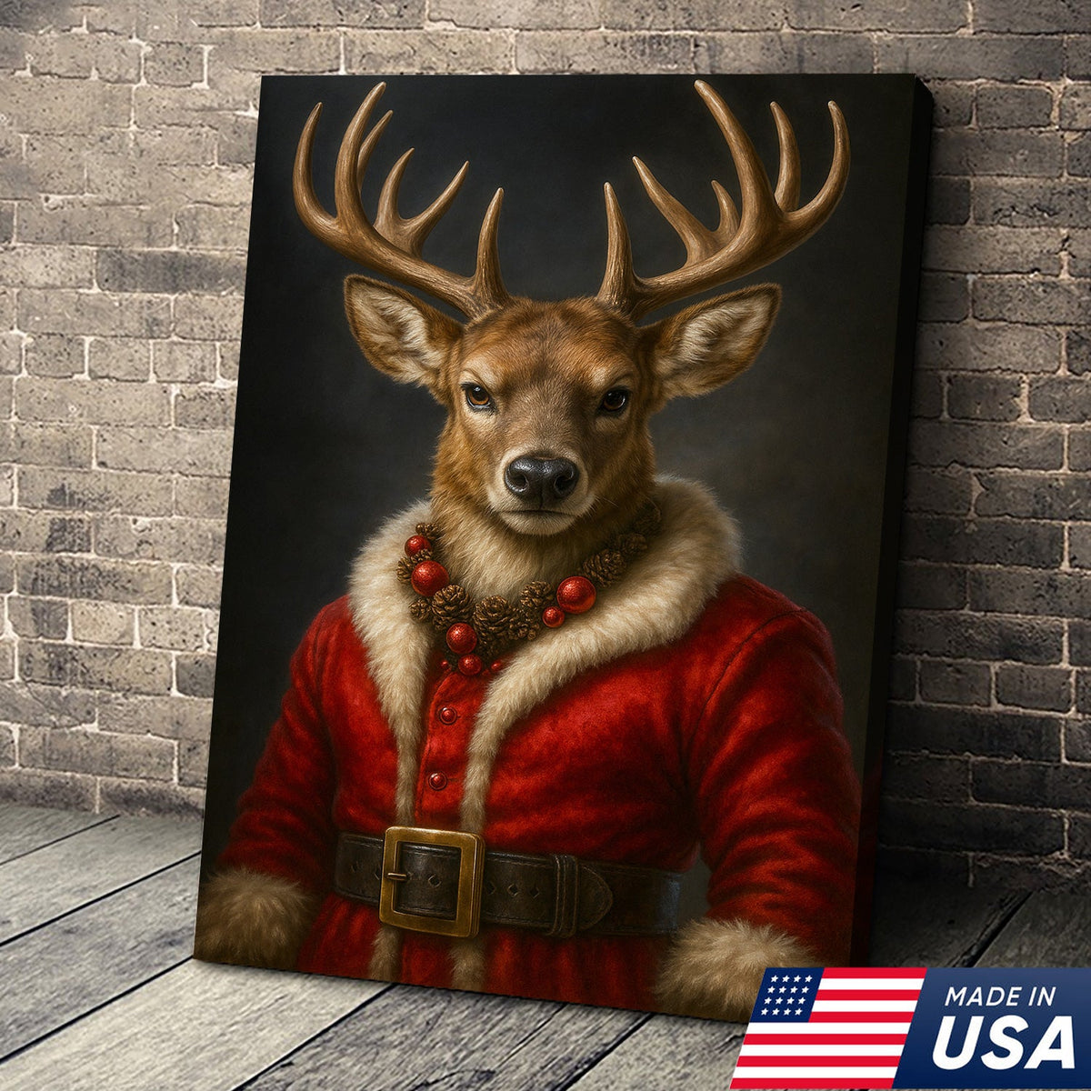 Vintage Christmas Deer Portrait Wall Art Canvas – Red Coat product image 1
