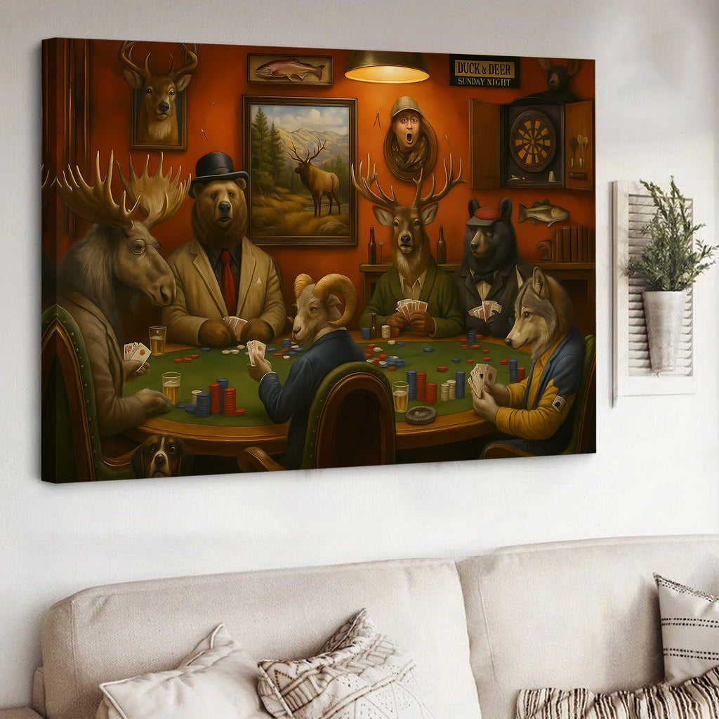 Animals Playing Poker Canvas Wall Art, Woodland Lodge Game Room Decor
