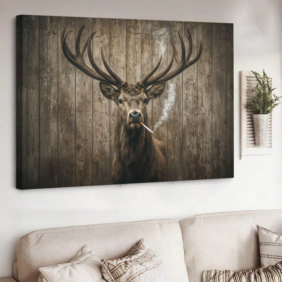 Rustic Deer Canvas Wall Art, Large Antler Stag on Wood Background, Farmhouse Hunting Decor Print