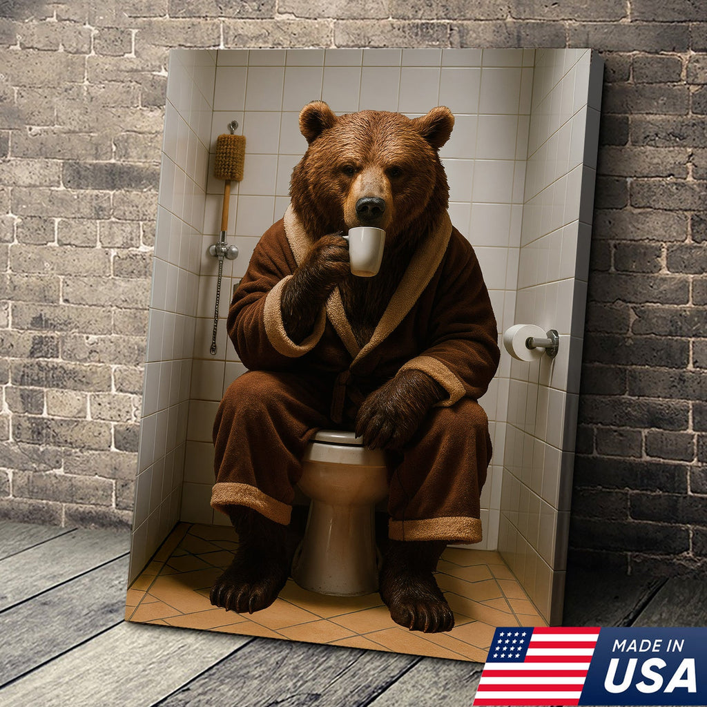 Hilarious Bear Toilet Canvas Wall Art – Morning Coffee, Quirky Bathroom Humor