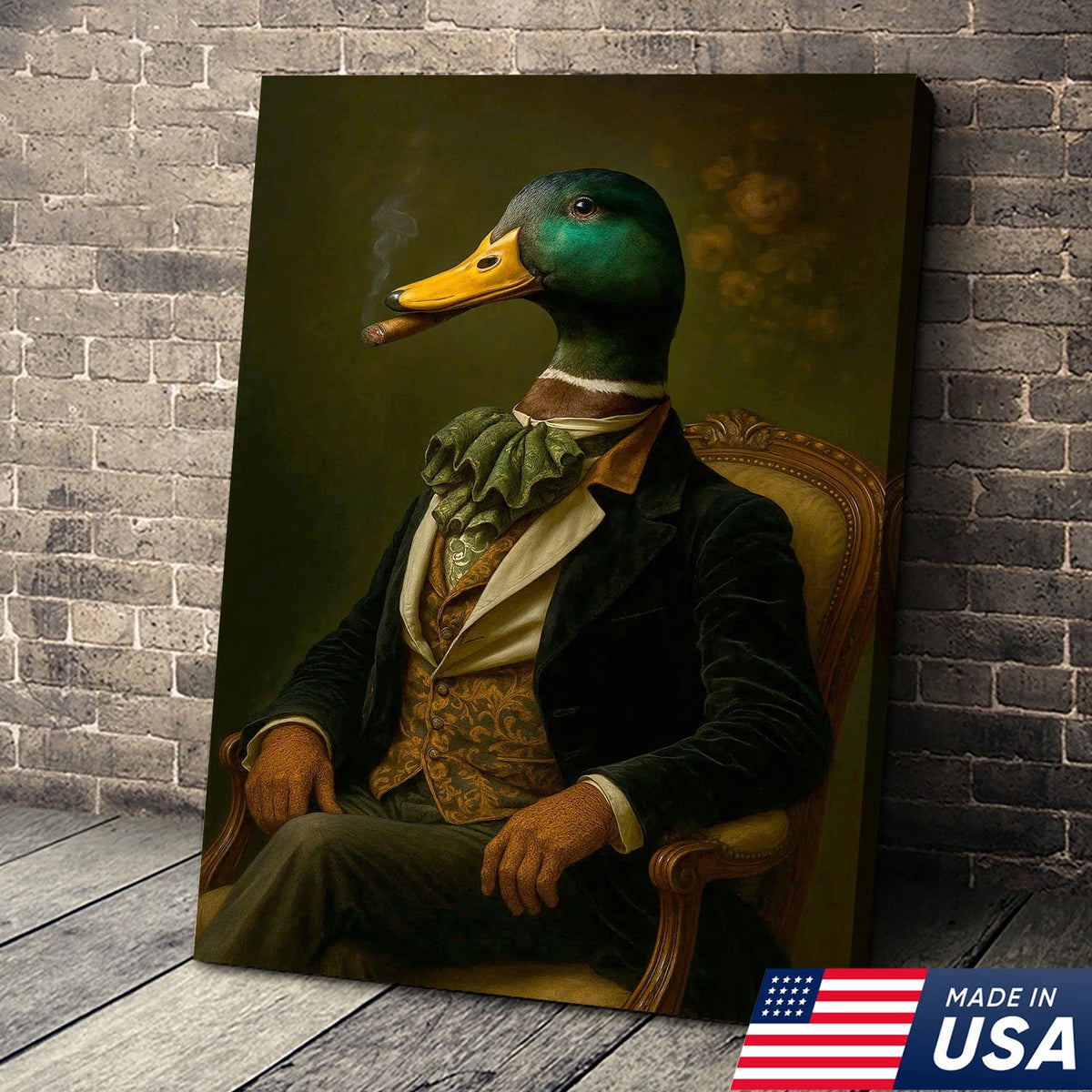 Vintage Duck Gentleman Portrait Canvas Wall Art, Regal Mallard in Suit Victorian Style Painting