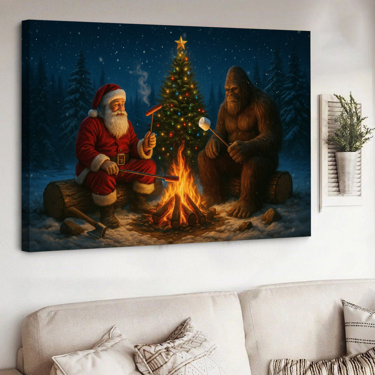 Santa & Bigfoot Sasquatch Campfire Christmas Canvas Wall Art, Funny Winter Forest Scene