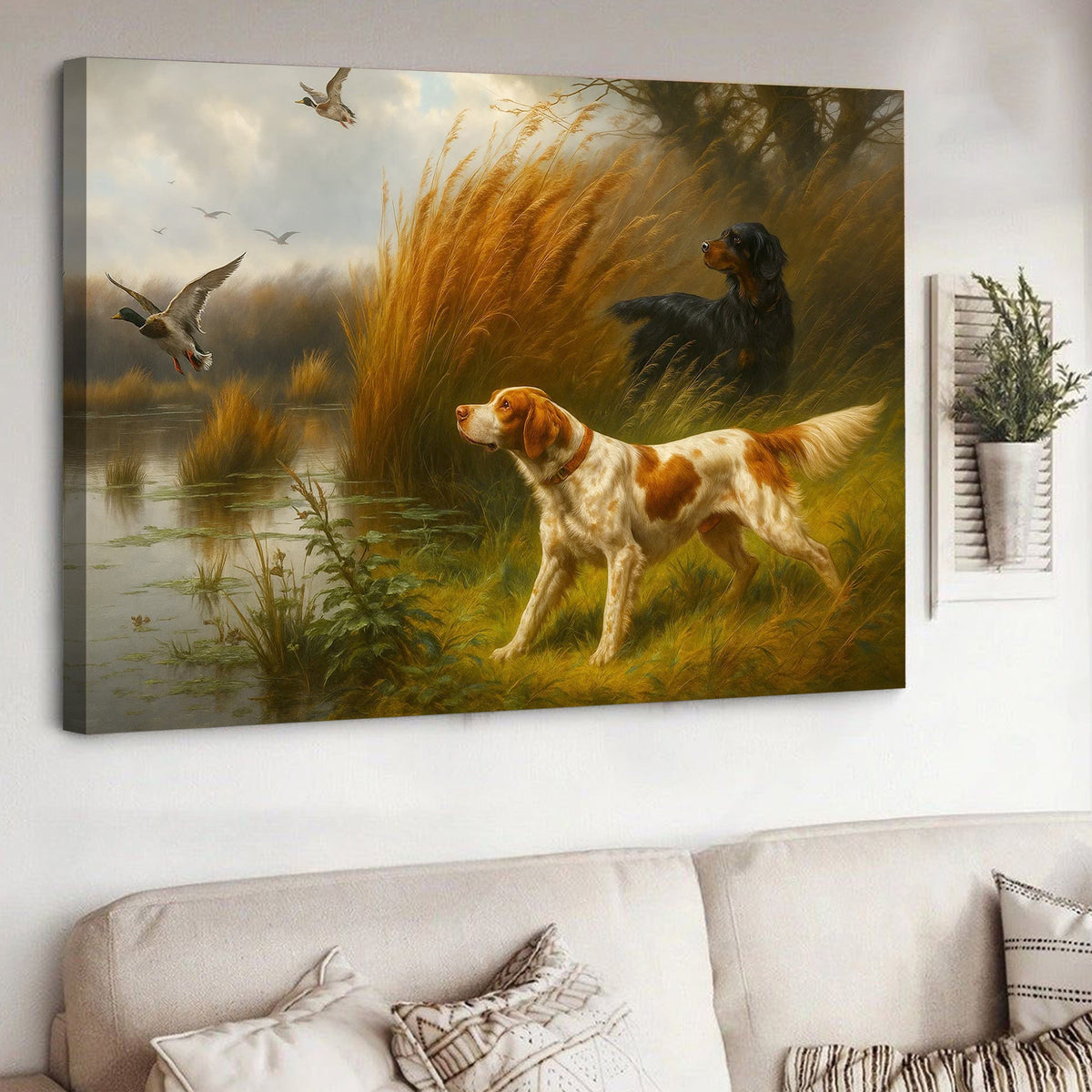 Hunting Dogs and Mallards Canvas Wall Art – Rustic Wildlife Scene – Perfect Lodge or Cabin Decor