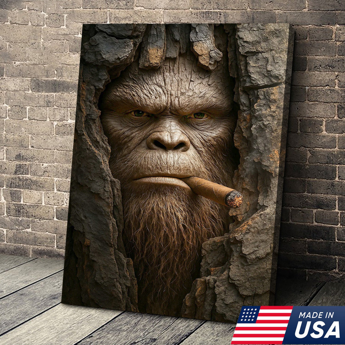 Bigfoot in the Woods Canvas Wall Art, Funny Sasquatch Portrait Artwork, Rustic Cabin Decor for Men