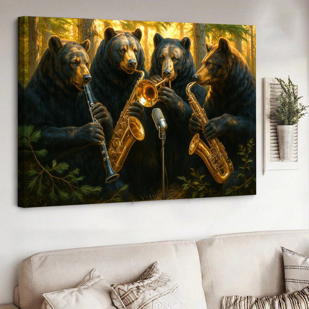Funny Bear Band Canvas – Rustic Cabin Wall Art Gift for Hunters, Musicians & Nature Lovers