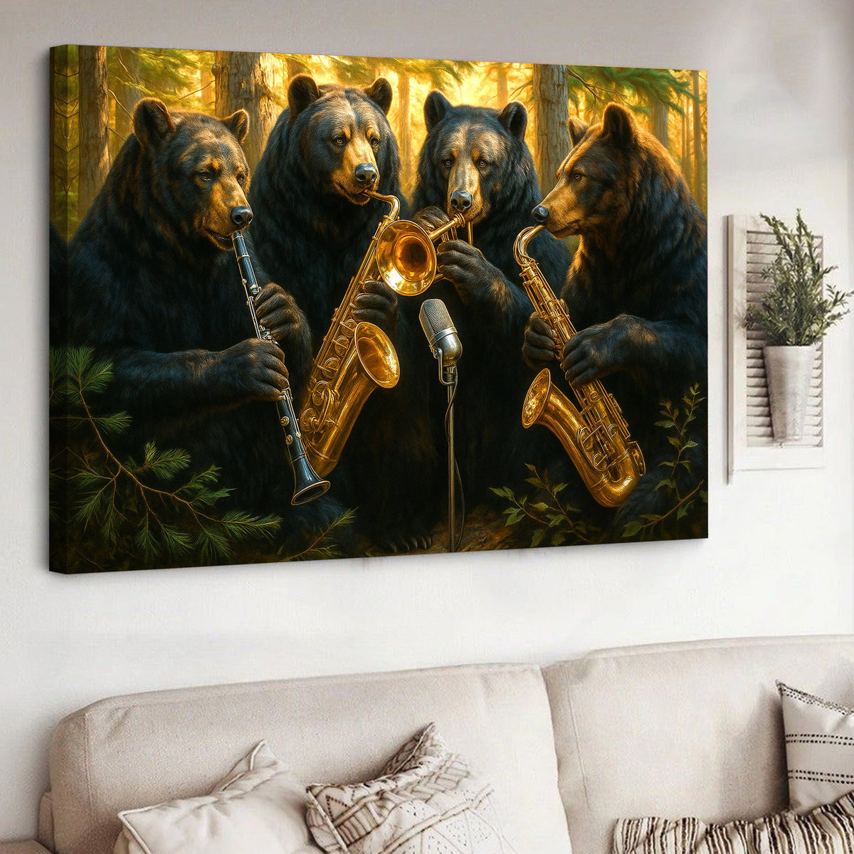 Funny Bear Band Canvas – Rustic Cabin Wall Art Gift for Hunters, Musicians & Nature Lovers