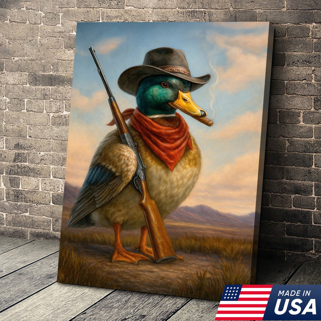 Cowboy Duck with Rifle Canvas Wall Art, Funny Western Hunter Decor for Lodge or Cabin