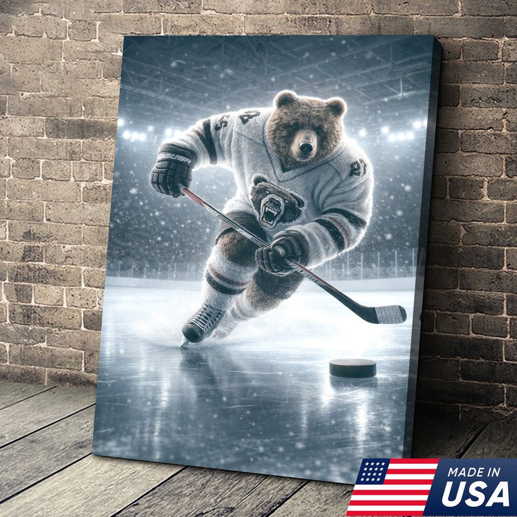 Epic Bear Ice Hockey Canvas Wall Art – Realistic Animal Athlete Print